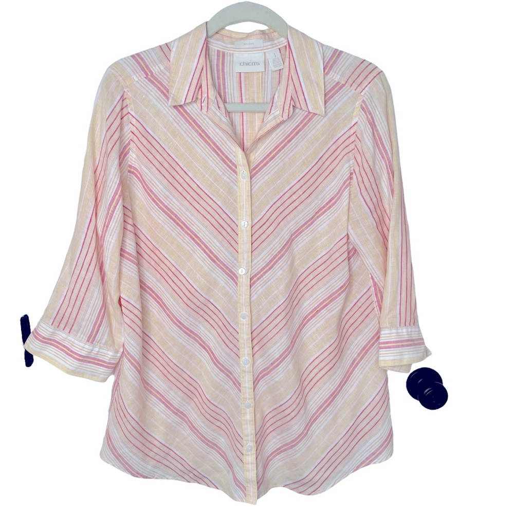 Chico’s Peach Red Yellow Diagonal Stripe‎ No Iron Linen Tunic Top M